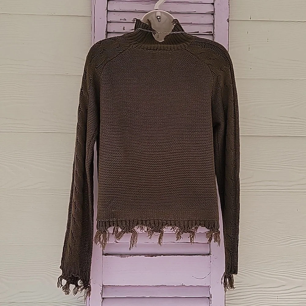 💗 POOF APPAREL LS Sweater Ragged Edge Olive Green L - Picture 6 of 11
